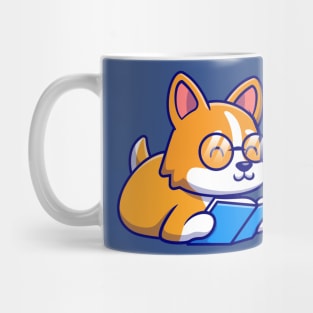 Cute Corgi Dog Reading Book Cartoon Mug